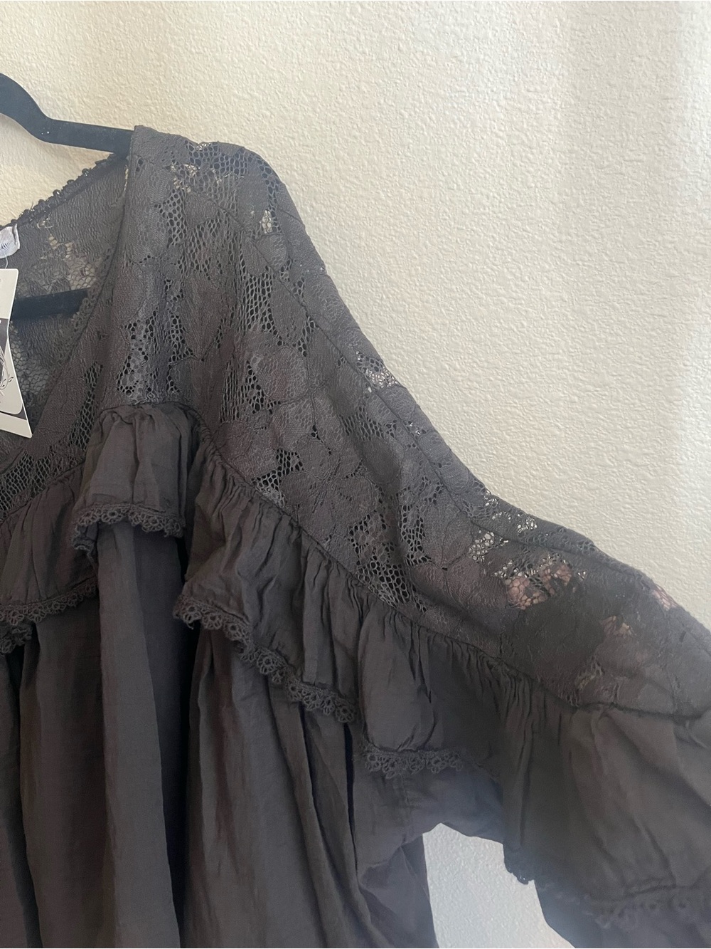 Boho Lace Ruffle Women's Top - Chocolate Brown - Picture 2 of 6
